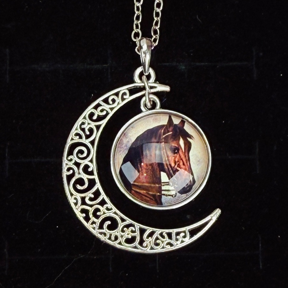 Horse Portrait Crescent Moon Pendant Necklace Silver Tone